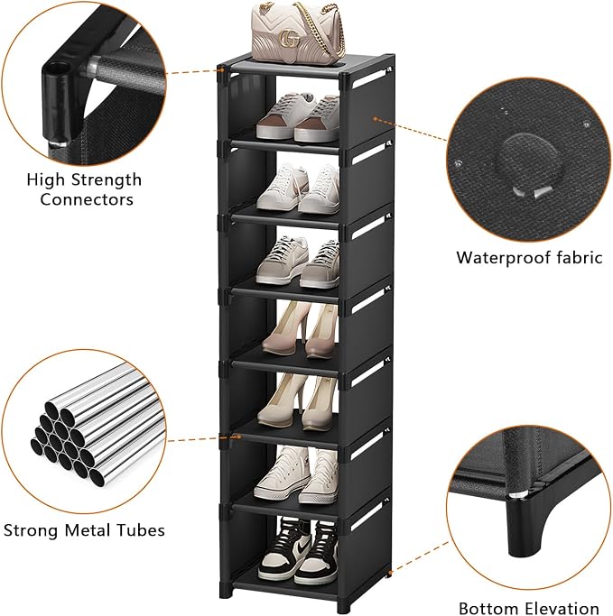 8-Tier Tall Corner Shoe Rack for Entryway Corner Narrow Shoe Shelf Space Saving Corner Shoe Storage Organizer Freestanding Storage Organizer for Closet, Entryway, and Small Spaces,Black