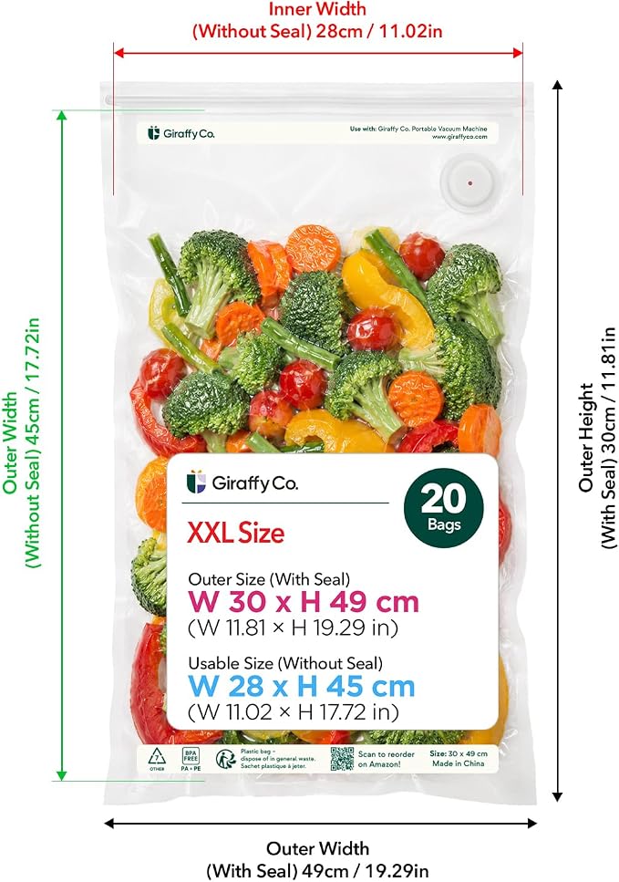 GIRAFFYCO 20 XXL Reusable Vacuum Sealer Bags, 13 x 19.3 in, Food Storage | BPA-Free Airtight Food Storage Bags with Detachable Valve for Handheld Vacuum Sealer, Freezer, Fridge, Marinated Meat & Fish