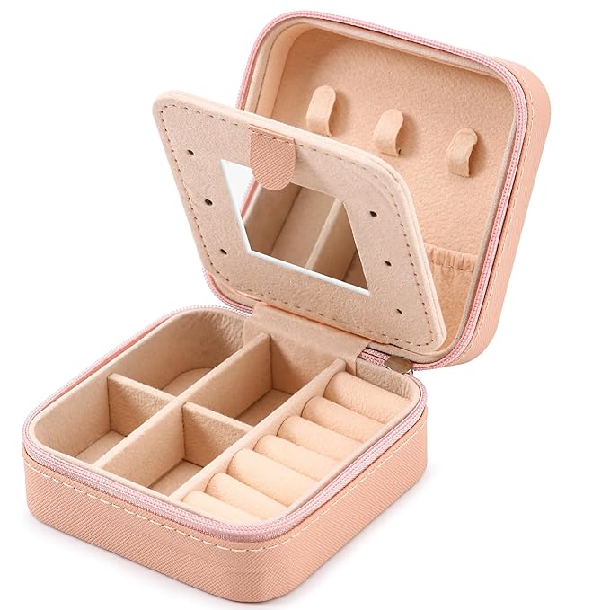 Neveika Jewelry Box with Mirror,Small Jewelry Organizer Box，Travel Jewelry Case for Women，Gift Jewelry Boxes for Female Girls (mirror pink)