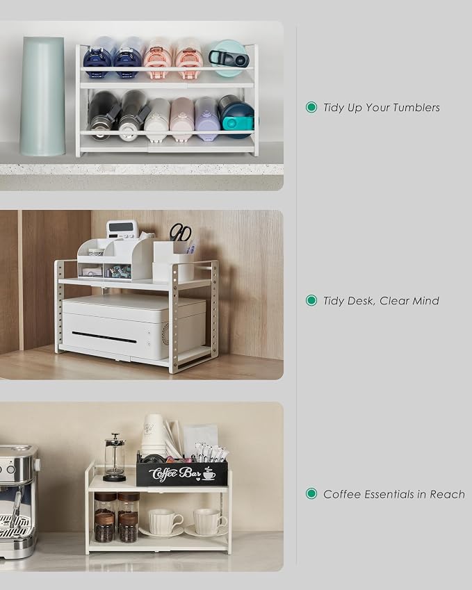 Expandable Cabinet Shelf Organizer, 2-Tier Countertop Storage Riser | Heavy-Duty Metal, Holds 80 lb, Adjusts Wide, 13 Height Slots, Tilt Option, for Kitchen, Pantry & Cupboard, Under Sink, White