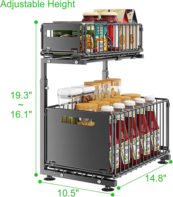 Under Sink Organizer, 2-Tier Multi-Use Kitchen and Bathroom Organizers and Storage, Slide Out Thickened Metal Under The Sink Organizer for Kitchen Bathroom Pantry (Style B White, 2 Pack)
