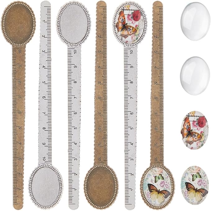 SUNNYCLUE 16Pcs DIY 8 Sets Metal Bookmark Blanks Oval Glass Cabochons Ruler Bookmark Bezel Trays Butterfly Book Mark Blanks Bezels Antique Silver Bronze Cabochon Bookmarks Making Kit for Men Women
