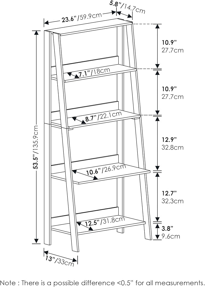 Furinno Ladder Book Shelf, 5-Tier Ladder Shelf, Bookshelf, Display Storage Shelves, 13 x 23.6 x 53.5, for Living Room, Home Office, Grey Oak