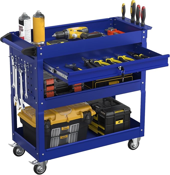 3 Tier Heavy Duty Rolling Tool Cart with Drawers, Large Storage Utility Cart on Wheels for Garage, Warehouse, Repair Shop (Deep Blue)
