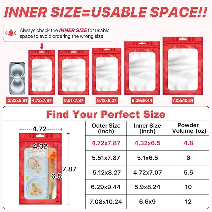 100 PCS Resealable Mylar Bags with Frosted Clear Window Packaging Bags Foil Pouch Zipper Bag for Food Self Sealing Storage Supplies (4.72x7.87, Red)