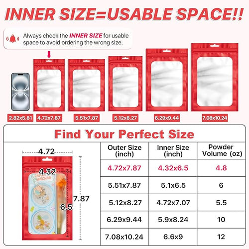 100 PCS Resealable Mylar Bags with Frosted Clear Window Packaging Bags Foil Pouch Zipper Bag for Food Self Sealing Storage Supplies (4.72x7.87, Red)