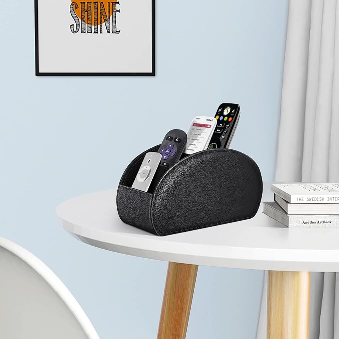 FINTIE Remote Control Holder, 5 Compartments Vegan Leather TV Remoter Caddy Desktop Organizer Makeup Brush Holder Storage Fits TV Remotes, Media Controllers, Office Supplies(Black)