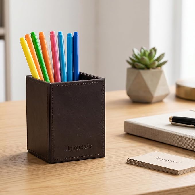 UnionBasic Square Pen Holder, Leather Pencil Cup, Desktop Caddy Stationery Organizer (Coffee)