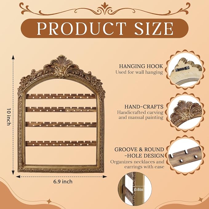 1 Pcs 10 x 6.9'' Wall Hanging Earring Holder Organizers Vintage Arched Frame 4 Layer Wall Mounted Jewelry Holder Decorative Retro Baroque Stud Earring Display (Gold)