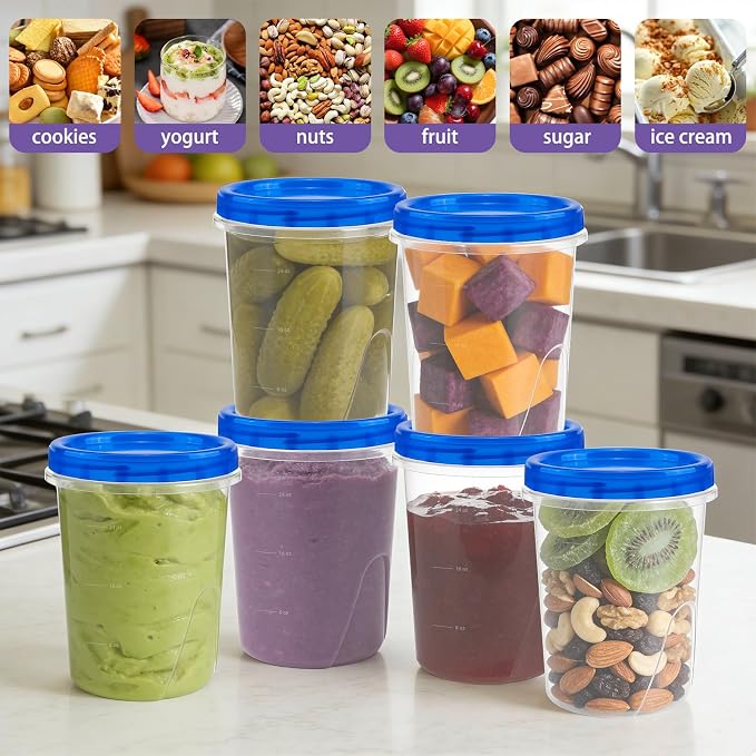 6 Pack Freezer Containers with Screw On Lids, 32 Oz Stackable Reusable Plastic Storage Container, Airtight Plastic Food Storage Containers with Twist Top Lids for Food Soup Jello Sauce