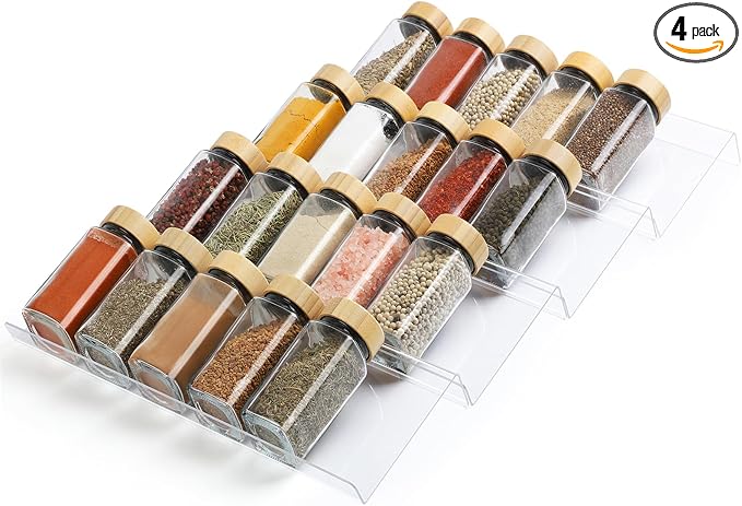 Suneerplay Spice Drawer Organizer 4 Tier, Acrylic Seasoning Organizer Rack, Clear Spice Rack Tray, Kitchen Seasoning Jars Drawers Insert (Jars Not Included/Expandable From 9" to 18")