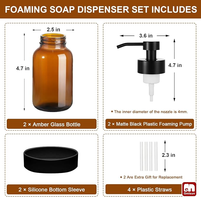 GMISUN Amber Foam Soap Dispenser, 8.5 Fl oz Amber Glass Foaming Hand Soap Dispenser for Bathroom & Kitchen, 2 Pcs Modern Refillable Foaming Soap Dispensers, Foam Pump Bottle with Label & Silicone Boot