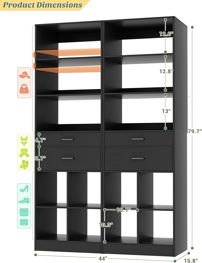 44" Storage Unit with Drawers and Shelves, Black