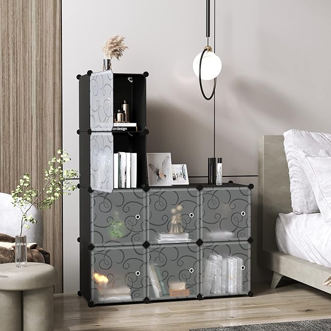 C&AHOME Cube Storage Organizer with Doors, 8-Cube Shelves, Closet Cabinet, DIY Plastic Modular Bookshelf, Storage Shelving Ideal for Bedroom, Living Room, 24.8" L × 12.4" W × 48.4" H Black UGSHS3008A