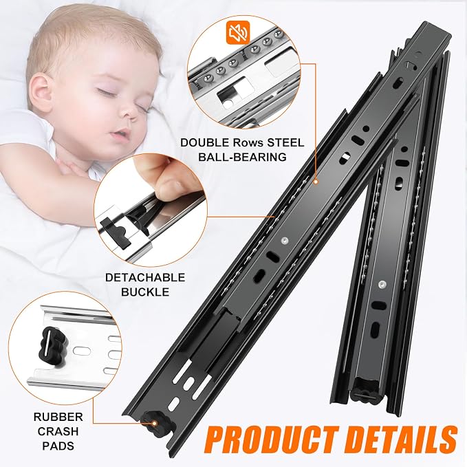22 inch Drawer Slides 4 Pairs (8pcs) 3 fold Full Extension Side Mount Cabinet Drawer Glides 22" Black Cabinet Rails for Dresser, Cabinet, Kitchen,Trash Can, Wardrobe 100 LB Capacity