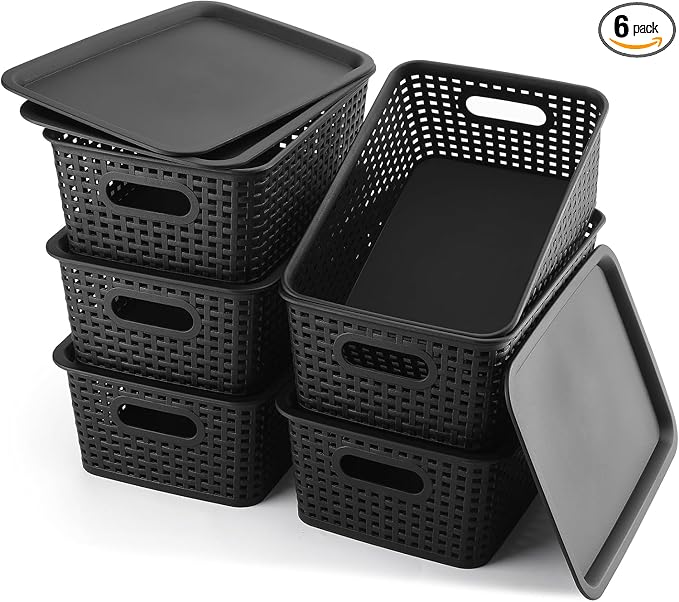 Storage Bins Plastic Storage Baskets With Lid Small Baskets for Organizing Stackable Storage Container Organizer Bins for Shelves Drawers Desktop Playroom Classroom Office, 6 Pack,Black