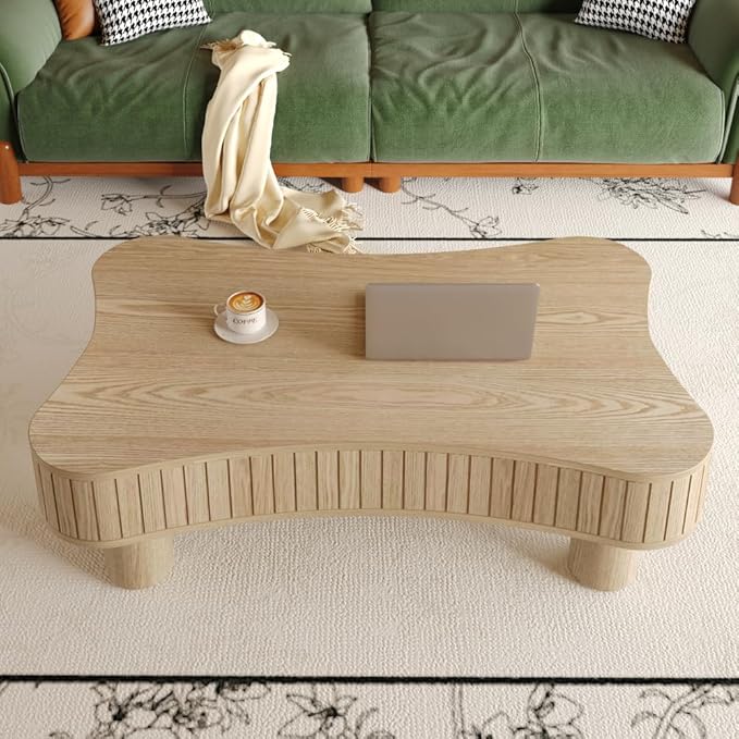 Lift Top Coffee Table with Hidden Storage Fluted Panel Silent Hydraulic Lift Curved Corners (Natural)