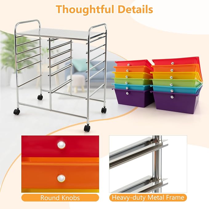 DREAMADE Rolling Cart with Storage Drawers, Utility Cart with Removable Plastic Drawers, Lockable Wheels, Art Cart for Classroom Organization Art Supplies Office Scrapbook (‎12 Drawers, Multi-color)