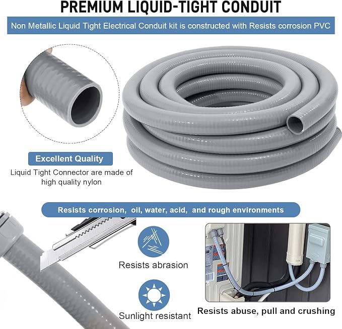 DWALE Liquid-Tight Conduit and Connector Kit,Flexible Non Metallic Liquid Tight Electrical Conduit,1-1/2inch 25ft Electrical Conduit Kit,with 4 Straight and 3 Angle Fittings Included,1-1/2 in. Dia