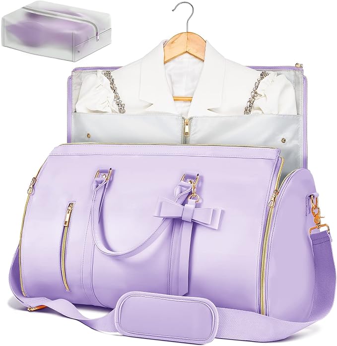 Garment Bags for Travel for Women, Stylish Garment Duffle Bag, Convertible & Foldable 2 in 1 PU Suit Bag For Hanging Clothes, Business Trip Bag With Toiletry Pocket & Shoes Compartment, Purple