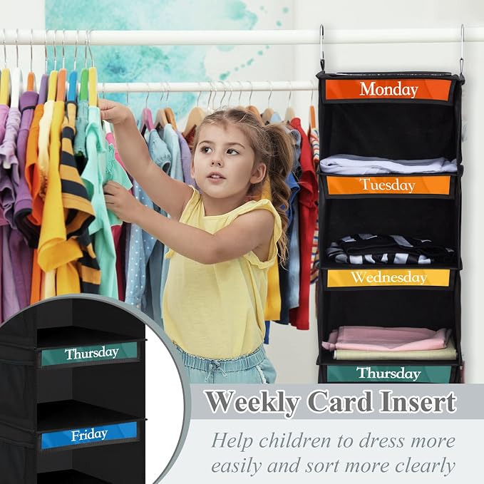 Amylove 2 Pack 6 Shelf Weekly Clothes Organizer for Kids with Side Pocket, 47 Inch Days of the Week Clothes Organizer, Monday to Friday Daily School Outfits Clothing Divider for Kids(Black)
