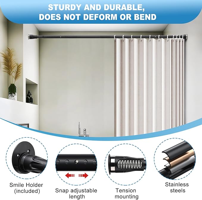 Tension Curtain Rod, 42 to 115 inch Adjustable Heavy Duty black shower curtain rod for bathroom Closet Windows