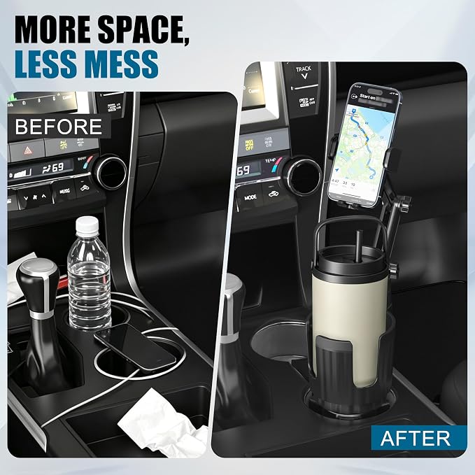 2 in 1 Auto-Clamping Cup Phone Holder for Car, 15W Fast Wireless Charging Cup Holder Phone Mount with Type-C Cable, Adjustable Car Cup Expander for Large Bottles
