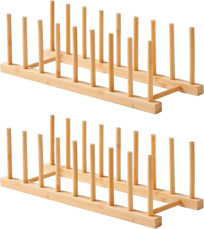 Bamboo Dish Drying Rack-2 PCS Pot Lid Plate Rack Organizer Holder for Cabinet-Cutting Board Organizer for Dish, Pot Lid, Bowl, Cup, Cutting Board