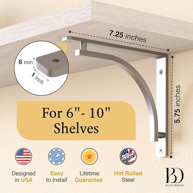 Classic Silver Heavy Duty Shelf Brackets 8 inch by Balin Designs – Chrome L Bracket, Wall Mounted Support, Shelving Metal Bracket, Decorative Shelf Brackets, with Hardware Included, Set of 4