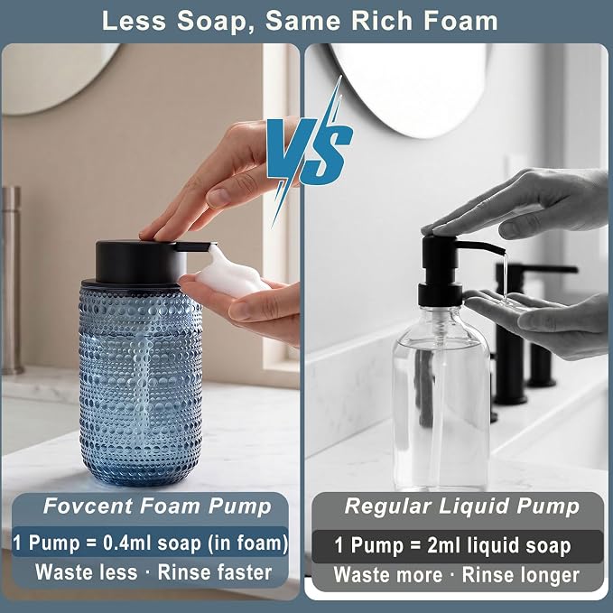 2 Pack Blue Glass Foaming Soap Dispenser, 14 OZ Vintage Hobnail Texture Foam Hand Soap Dispenser, Refillable & Reusable Foam Dispenser with Black Pump for Bathroom, Kitchen Decor, Elegant Look