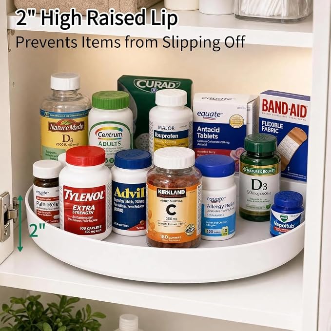 CTIME 11.8 in Lazy Susan Turntable, High Fence, Pantry or Cabinet Organizer for Spices, Condiments, and Bottles, White Plastic