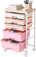 VASAGLE 5-Drawer Rolling Storage Cart, Mobile Organizer Trolley with Wood Top and Metal Frame, for Craft Room, Office, 15.6 x 11.2 x 24.8 inch, Pink, BENCO Collection ULRC005S101