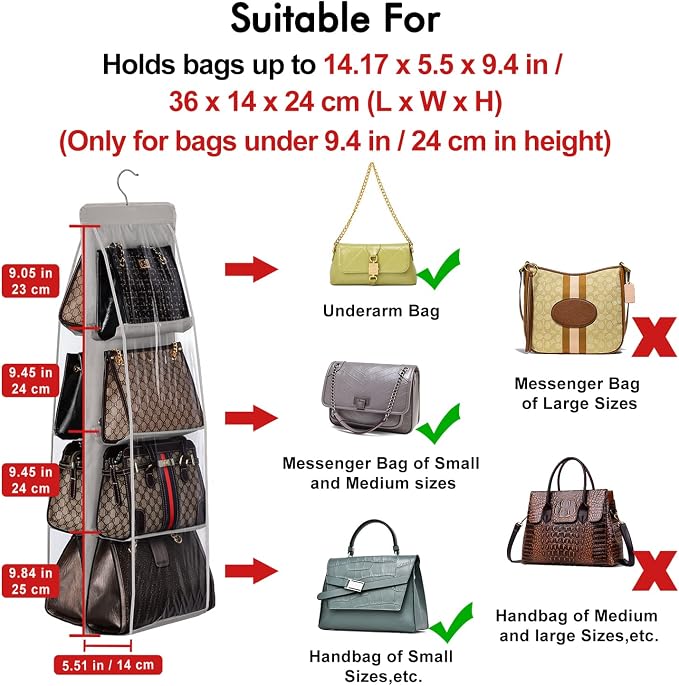 Lirex 2-Pack Handbag Hanging Purse Organizer for Closet, 8 Pocket Handbag Storage Organizer Hanger Oxford Cloth Closet Organizer for Family Closet Bedroom, Foldable and Universal Fit, Black