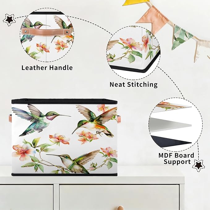 Hummingbird Closet Storage Bin, Foldable Storage Baskets for Shelves, Decorative Shelf Organizer Flower Bird Colourful Fabric Cube Bin for Living Room Bedroom Home Dorm