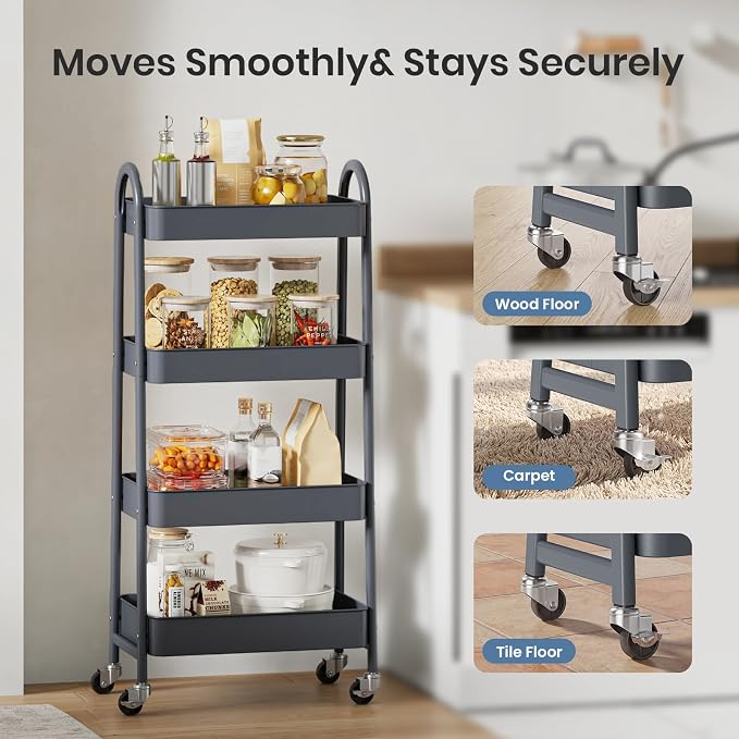 DUMOS 4 Tiers Rolling Utility Cart, Storage Organizer, Shelving Unit | Metal, Lockable Wheels, Mobile, Kitchen, Bathroom, Laundry, Narrow Places, Gray