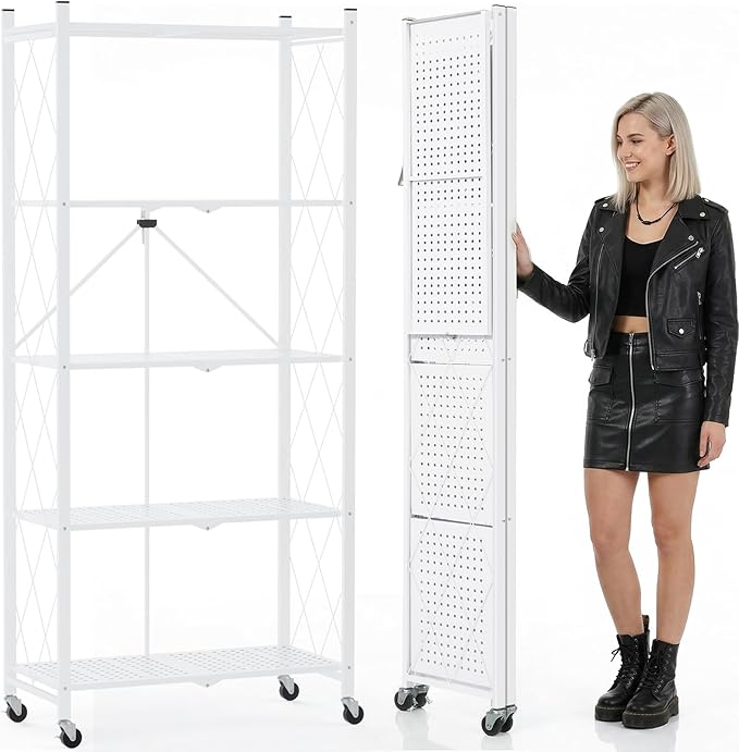 DEANIC 70.7" Tall Extra Large 5-Tier Folding Storage Shelf with Wheels, No Assembly Collapsible Metal Rack with Leveling Feet for Garage, Pantry, Basement, Vendor Display, Kitchen(White,1 Pack)