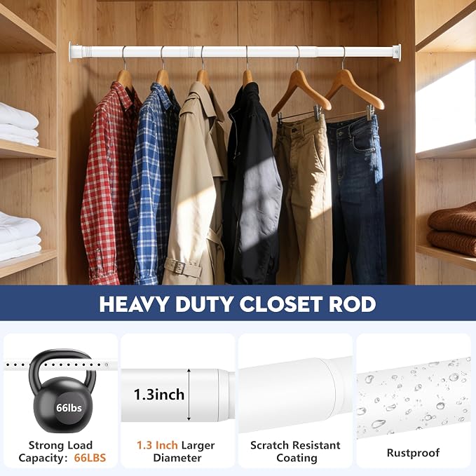 Heavy Duty Closet Rod, Adjustable 17-100 in, 1.3" Diameter | White, Metal, Suitable for Wardrobes, Bathrooms, Laundry Room, RV