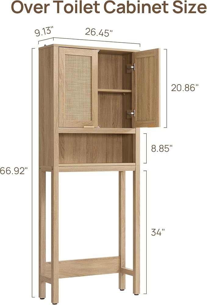 SICOTAS Over the Toilet Storage Cabinet, Rattan Door Bathroom Organizer | Freestanding Bathroom Organizer with Adjustable Shelf, Over Toilet Storage Cabinet for Bathroom, Laundry Room, dnd Restroom