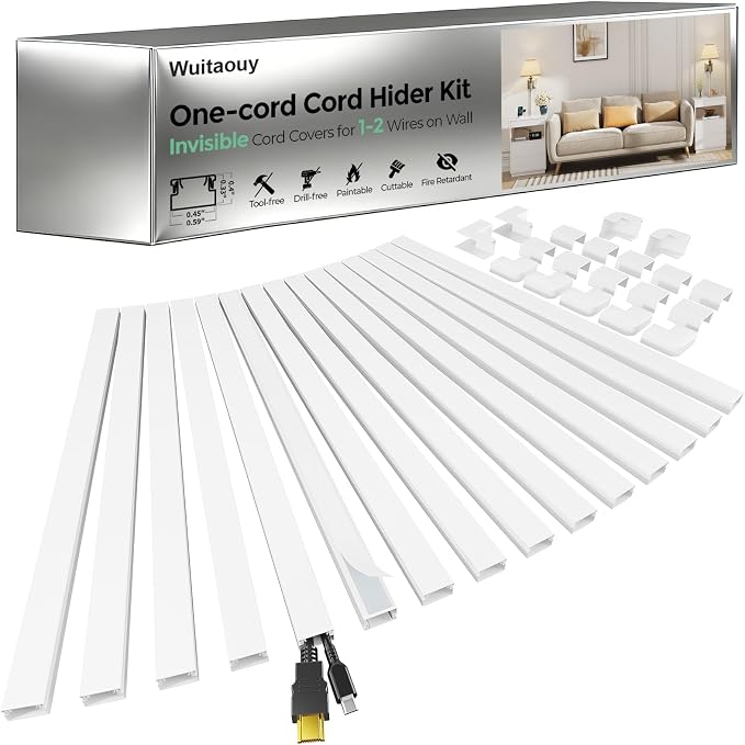 212.6in Cord Hider for TV on Wall, Cord Covers for 1-2 Wires on Wall, Self-Adhesive Wire Hider Wire Covers for Cords on Walls, Paintable Cable Hider Cable Raceway to Hide Cords, W0.59 H0.4in, White