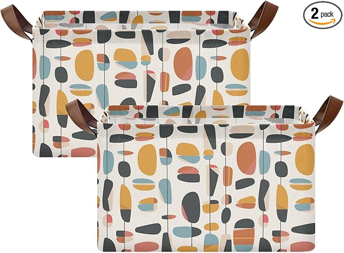 Geometric Mid Century Modern Storage Bins for Shelves with Labels&Handles Fabric Organizer Bin Foldable Rectangle Storage Basket Boxes for Closet, Bathroom, Home, Living Room, 2 Pack
