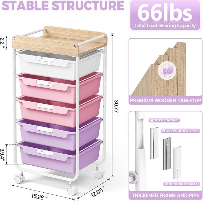SYKIARIOL Rolling Storage Utility Cart with 5 Drawers,Craft Cart with Wheels,Makeup Organizer,Art Supply and Storage Wooden Tabletop,Purple