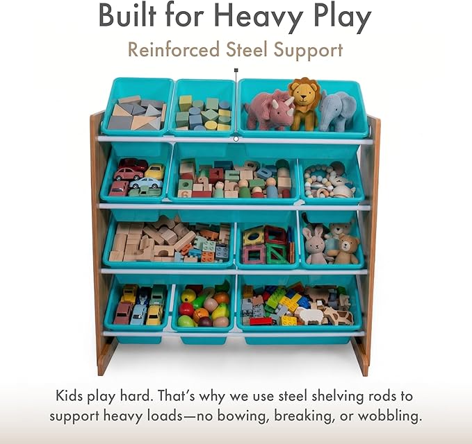 Humble Crew Toy Storage Organizer with 12 Removable Storage Bins for Kids Playroom, 4-Tier Toddler Toy Organization and Storage, Natural Wood/Aqua