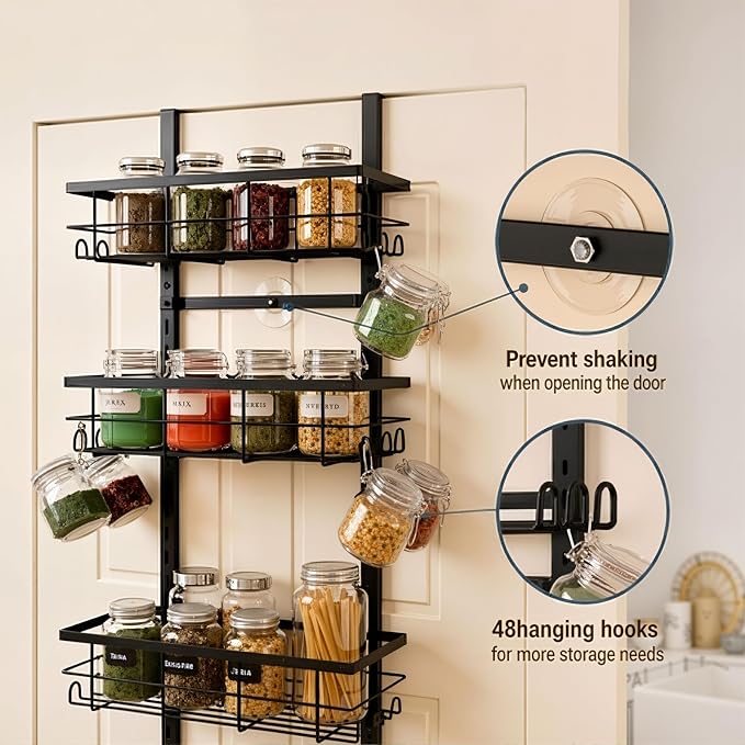 Over the Door Spice Rack 9-Tier Black for Kitchen Pantry | Adjustable 9-tier metal over-door storage rack for kitchen, pantry. Rust-resistant, hooks, suction cups, no-drill.