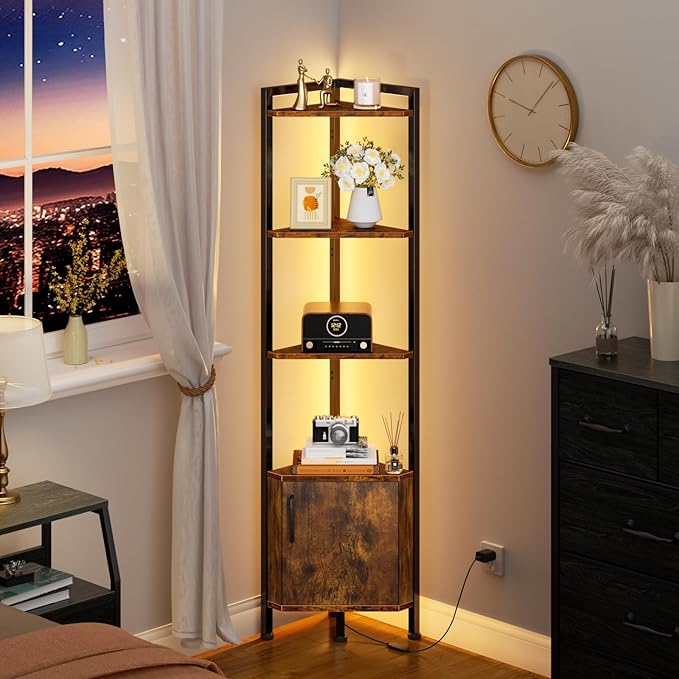 Furnulem Corner Shelf Cabinet,Corner Bookshelf with Storage and LED Light | Wall Shelf Unit,62.8”Tall Wood Display Shelves for Bedroom,Living Room,Kitchen,Metal Frame,Easy to Assemble