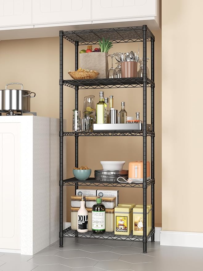 SINGAYE 5 Metal Shelves Wire Shelving Storage Shelf Adjustable Unit Pantry | 5 Tier Kitchen Laundry Room Organization Home Pantry Closet Bathroom Organizers Garage Rack 14" D x 24" W x 59.5" H Black