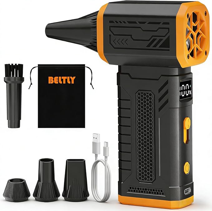FT08 Compressed Air Duster, 1-10 Stepless Speed Adjustable | Powerful Electric Dust Blower with Display , 130000RPM Brushless Motor, Cordless Jet Fan for Keyboard PC Car Outdoor, Black