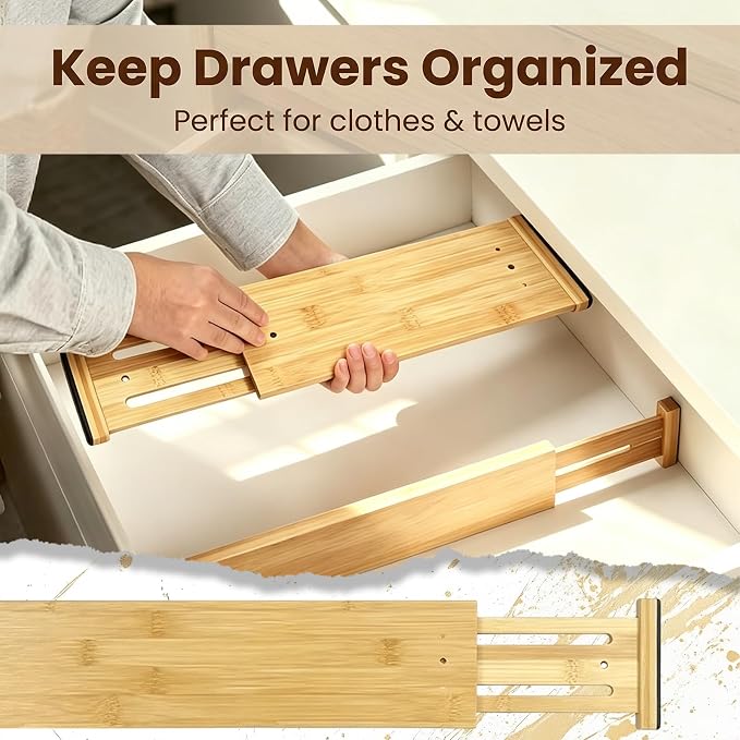 Joyeee Kitchen Drawer Dividers 6 Pack, 16.4-22.2" Adjustable Bamboo Drawer Organizer, 4" High Expandable Utensils Separators for Closet, Dresser, Bathroom, Bedroom, Office