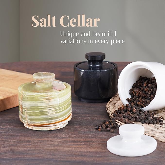 MARBLOUS KRAFTS Marble Salt Cellar with Lid 3" Green Onyx Stone Salt Holder for Counter & Stone Salt Container, Salt Dish, Salt Box & Spice Jar