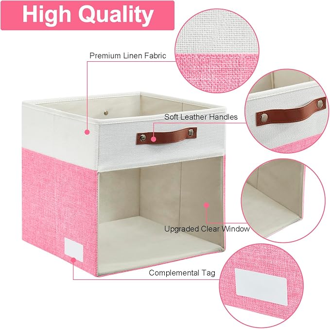 Bagnizer Storage Cubes, 4 Pack Linen Foldable Storage Bins (13 x 13 inch) with Clear Window and Handles, Fabric Organizer for Shelf Closet, Clothes, Books - (Pink and White)