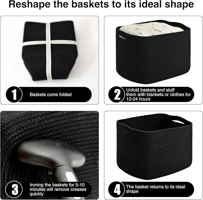 ICERZCZ Storage Baskets for Organizing & Shelves, Woven Cotton Rope Organization Bins for Dog Toys, Clothes, Books, Nursery Organizer, 15" Lx11''Wx9.5''H, (4 Packs) Black